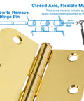 18 Pack 3 Point 5 Inch Brass Door Hinges With Five Eighth Radius Polished Gold Finish Includes 108 Screws For Quick No-Fuss Install Interior Door Hardware For Bedroom Bathroom Office Hallway 270 Degree Swing Smooth Plain Bearing with hinge pin removal instructions.