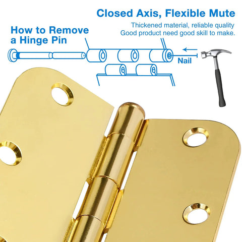 18 Pack 3 Point 5 Inch Brass Door Hinges With Five Eighth Radius Polished Gold Finish Includes 108 Screws For Quick No-Fuss Install Interior Door Hardware For Bedroom Bathroom Office Hallway 270 Degree Swing Smooth Plain Bearing with hinge pin removal instructions.
