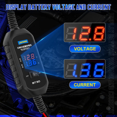 Digital display showing voltage and current on OBD II Car Memory Saver Cable 12V Emergency Power Supply For Vehicle ECU