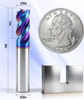 Carbide Square End Mill With Nano Blue Coating For Aluminum Copper Magnesium Alloys And Composite Materials, Half Inch Shank, Three Flute CNC Milling Bit, HRC 60 Ultra Hard With Low Friction, Two Pack shown next to coin for scale.