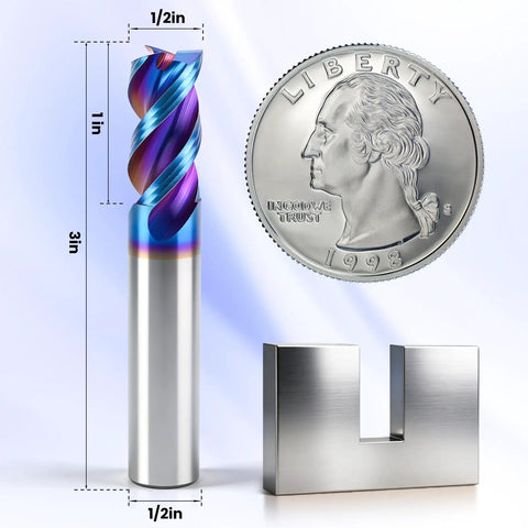 Carbide Square End Mill With Nano Blue Coating For Aluminum Copper Magnesium Alloys And Composite Materials, Half Inch Shank, Three Flute CNC Milling Bit, HRC 60 Ultra Hard With Low Friction, Two Pack shown next to coin for scale.