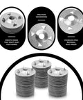 500 Pack Foam Board Fasteners Washers One And One Eighth Inch Galvanized Steel For Insulation Fixing On Foam Board Panels With Cut Resistant Gloves Screws Not Included, showing stacked galvanized steel washers with smooth edges and precision engineering details.