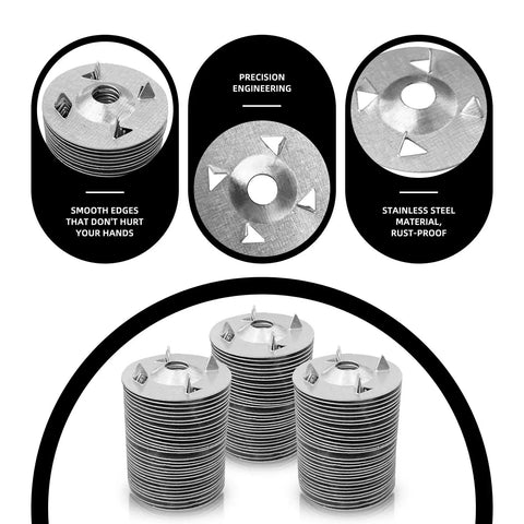 500 Pack Foam Board Fasteners Washers One And One Eighth Inch Galvanized Steel For Insulation Fixing On Foam Board Panels With Cut Resistant Gloves Screws Not Included, showing stacked galvanized steel washers with smooth edges and precision engineering details.