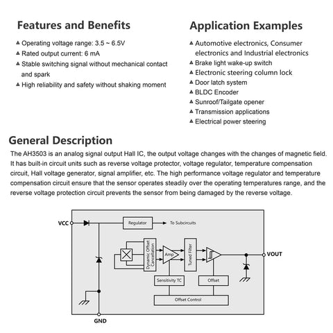 Diagram showing features, benefits, and applications of AH3503 Hall IC sensor, including a schematic illustration.