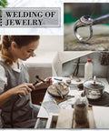 Woman using torch for jewelry welding, tools, and silver ring. Silver Jewelry Solder Chips And Wires Kit 330 Pieces Of Fine Silver Precut Solder Chips 2x2 Mm And 3 Soft Medium Hard Silver Solder Wires For Slick Easy Jewelry Making Repairs And Restoration visible.