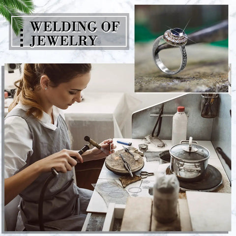 Woman using torch for jewelry welding, tools, and silver ring. Silver Jewelry Solder Chips And Wires Kit 330 Pieces Of Fine Silver Precut Solder Chips 2x2 Mm And 3 Soft Medium Hard Silver Solder Wires For Slick Easy Jewelry Making Repairs And Restoration visible.