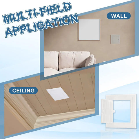 Slick White Abs Plastic Drywall Access Panel Five By Five Inch Wall Hole Cover installed in wall and ceiling for utility access.