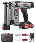 Kickass Cordless Brad Nailer Kit Cruises Through 18 Gauge Trim Work with battery, charger, and protective glasses visible.