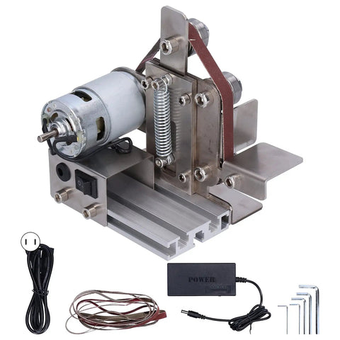 Jauarta Mini Belt Sander Grinder Aluminum Alloy Polishing Machine 9000RPM close-up view with motor, belt, and accessories.