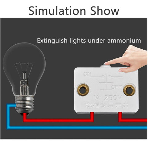 8 Pack Door Activated Light Switch Kit for Cabinets and Closets, easy installation, wiring diagram showing bulb and switch, 1A 250V rated