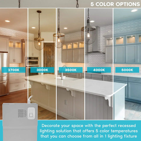 Ultra Thin 6 Inch LED Recessed Light Kit With 14W Dimmable Wet Rated Wafer Lights, showing 5 color temp options in a kitchen