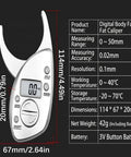 Digital Fat Caliper with Nonslip Grip, ABS, 50mm Ranging, Red displayed with measurement details and dimensions on a black background.