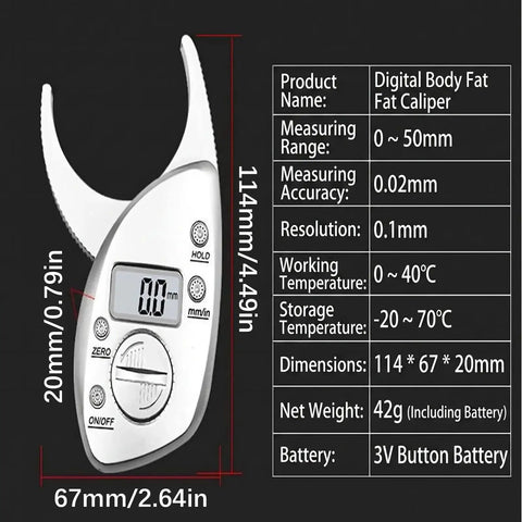 Digital Fat Caliper with Nonslip Grip, ABS, 50mm Ranging, Red displayed with measurement details and dimensions on a black background.