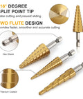 Step Drill Bit Set Three Piece HSS Titanium Coated High Speed Steel Bits With Twenty Eight Sizes showcasing design features.