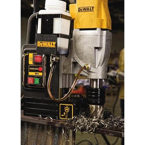 Close-up of Heavy Duty Magnetic Drill Press With Dual Speed Gears And Rapid Change Chuck System Powered By A Rugged Ten Amp Motor.