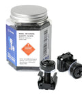 Top Tier M5 Rack Screws 50 Piece Set With Smooth Zinc Finish And Every Cage Nut Crown Washers Plus Plastic Pad You Need To Lock Down Server Cabinets Network Gear in a container, showing screws and cage nuts.