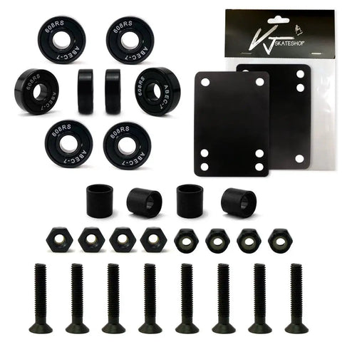 5.0 Skateboard Trucks Silver Kit With 52mm Wheels Abec 7 Bearings 1 Inch Hardware 2mm Riser Pads Spacers And All In One Pro Grade Skateboard Parts For Mid Sized Skateboards For A Smooth Ride assortment including bearings, riser pads, hardware and spacers.