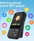 128GB Clip MP3 Player With Bluetooth 5.3, FM Radio, and E-Book Reader showing icons for functions and features on display