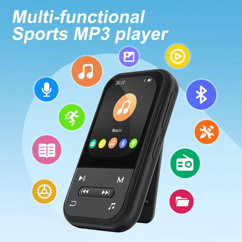 128GB Clip MP3 Player With Bluetooth 5.3, FM Radio, and E-Book Reader showing icons for functions and features on display