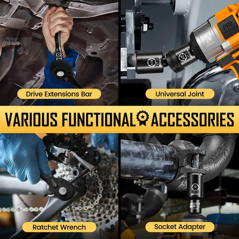Various accessories from Heavy Duty Half Inch Drive Impact Socket Set, 72-Piece SAE And Metric Kit with ratchet and adapters.