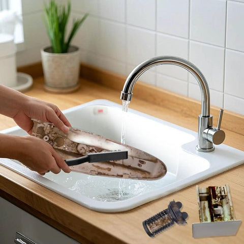Get That Crisp Laundry Glow With This Washing Machine Cleaning Brush Kit Built For Top Load And Front Load Washers To Slap Off Grime And Reach Those Tight Crevices Easily Without Breaking A Sweat On Your Next Chore - cleaning brush in use with washer parts in sink.