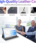High-Quality Leather Case folded into a stand, showing anti-scratch, waterproof features for 15.6 Inch Portable Monitor Fhd 1080P.