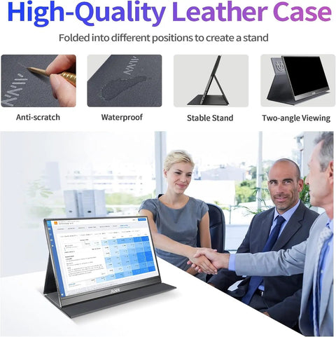 High-Quality Leather Case folded into a stand, showing anti-scratch, waterproof features for 15.6 Inch Portable Monitor Fhd 1080P.
