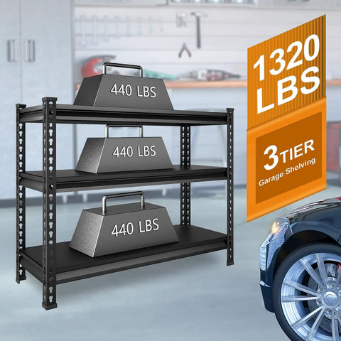 Beefy Heavy Duty 3 Tier Metal Garage Shelving Unit For Storage With 1320 Lb Total Capacity Adjustable Shelves 40 Inches Wide 18 Inches Deep 36 Inches High Ideal For Reptile Tanks Aquariums Pantry And Garage Black, 3-tier black metal rack