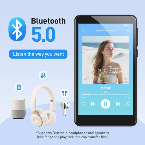 Hella Massive 96GB MP3 Player With Bluetooth And WiFi showing music playback on a 4-inch screen, Bluetooth 5.0 support