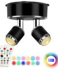 LED Spotlight Battery Operated Light With Remote Control Dimmable Mini Accent Lighting For Pics Closets Cabinets Bookshelves Artwork And Paintings Dope Warm White 4000K 80 Lumens Compact Black, showing dual spotlights and remote control