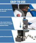 Three-panel instructional image of Amazon 18-piece motorcycle chain breaker tool kit with chain rivet tool and link remover in use