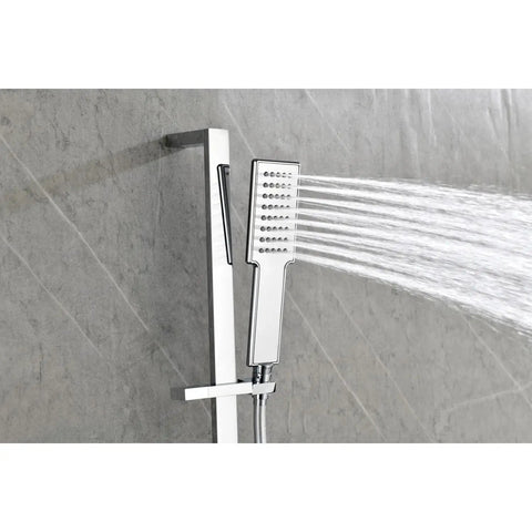 Wall Mounted Waterfall Rain Shower System with 3 Body Sprays & Handheld featuring a chrome handheld showerhead spraying water.