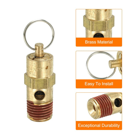 Front view of brass 1/4 in NPT safety valve with ring for air compressor.