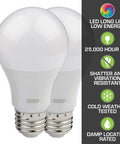 Two Garage Door Opener LED Bulb 4000K White, 2-Pack, displayed with feature icons including shatter-resistant and vibration-proof.