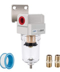 One Quarter Inch NPT Compressed Air Line Filter With Five Micron Brass Element Bracket Poly Bowl Semi Auto Drain 145 Psi Max Inlet