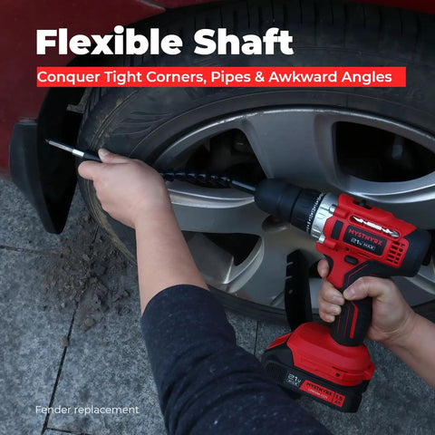 Hands using Powerhouse 21V Max Cordless Drill Driver Kit With Dual Batteries And Fast Charger 26 Accessories In Sturdy Case 30Nm Torque 2 Speed 24 1 Clutch 3 8 Inch Keyless Chuck Compact Electric Drill For Home Improvement And DIY Projects on car fender.