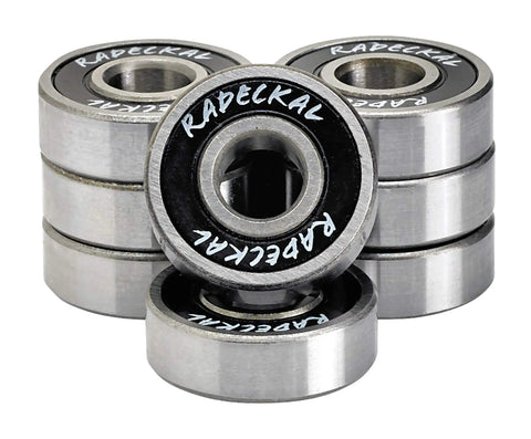 Stacked set of ABEC 9 High Speed Skateboard Bearings Set Of 8 for skateboards, longboards, inline skates, scooters, pre-lubricated.