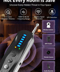 Infrared Pin Hole Camera Finder And Wireless Detector device with LED indicators and telescopic antenna in a bedroom setting.