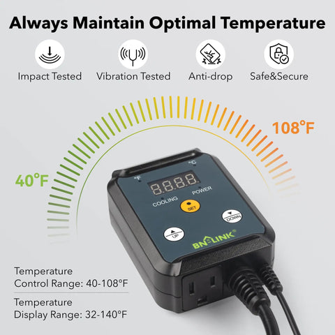Digital Cooling Thermostat Controller With Temperature Controlled Outlet For Attic Fans showing 40-108°F range and LED display