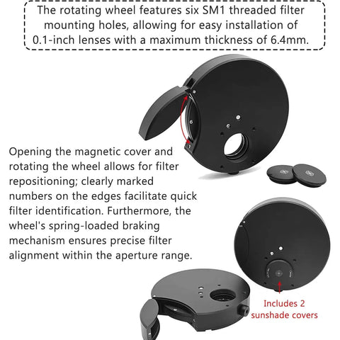 Six Position Telescope Filter Wheel Gear With Aluminum Alloy Body And Sunshade, SM1 Internal Threads, Magnetic Covers