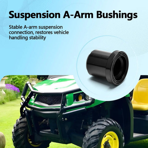Eight Piece Heavy Duty Suspension Bushing Kit For John Deere Gator Upper Lower Control Arm Flanged Sleeve Isolators Replaces M158746 showing black A-arm bushing, enhances vehicle handling stability.