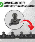 Image of Metal 2 Hole AMPS Base Mount With 20mm Mounting Ball for stable device attachment, shown with compatible Rubigrid dash mounts.
