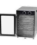 Badass Electric Food Dehydrator With 12 Stainless Steel Trays 1200W, open door displaying racks for drying food and snacks.