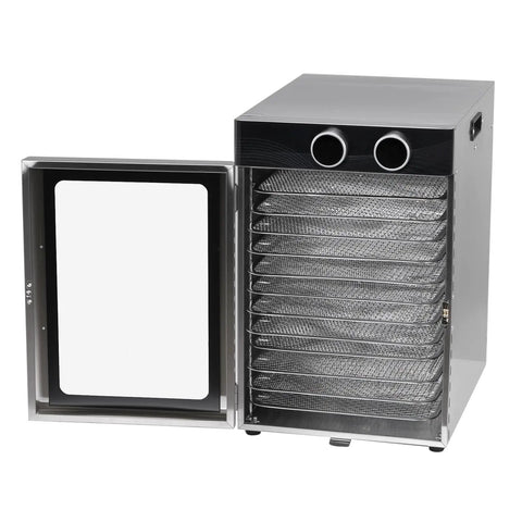 Top Shelf Electric Food Dehydrator Featuring Twelve Heavy Duty Stainless Steel Trays And A Ripping 1200 Watt Motor open door with trays visible.