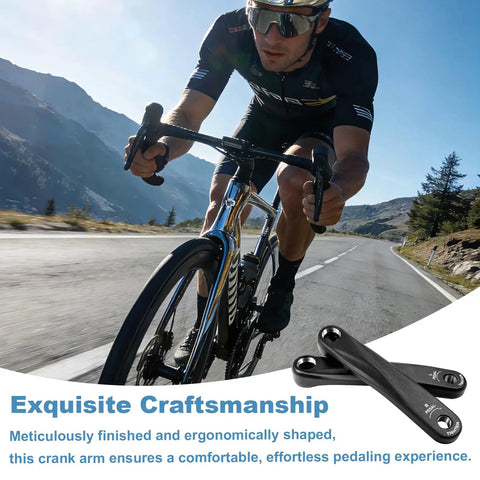 Cyclist riding with Bike Crank Arm 170mm Square Hole For Electric Bicycles Forged Alloy 6061, black finish pair at bottom