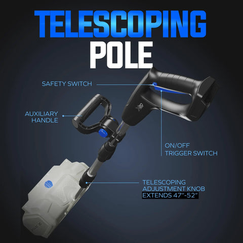 Cordless Electric Snow Shovel Kit With Adjustable Handle 20V Max Battery showing telescoping pole and controls diagram.