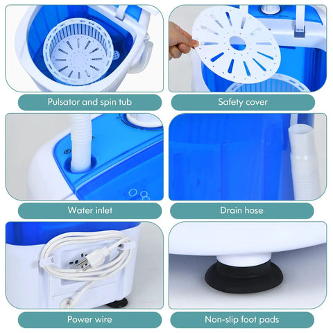 Compact Portable Washing Machine, 5 Point 5 Lb Mini Washer And Spinner Combo with pulsator and safety cover.