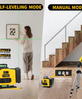 4D Green Beam Laser Level With Tripod For Easy Room Layouts on tripod, self-leveling and manual modes shown