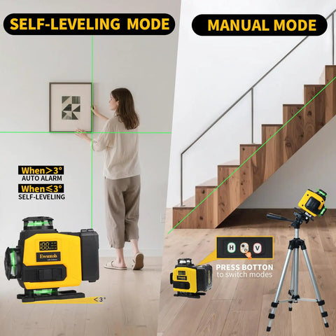 4D Green Beam Laser Level With Tripod For Easy Room Layouts on tripod, self-leveling and manual modes shown