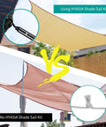 Comparison of sun shade installation with and without Pro Grade Heavy Duty 6 Inch 304 Stainless Sun Shade Hardware Kit